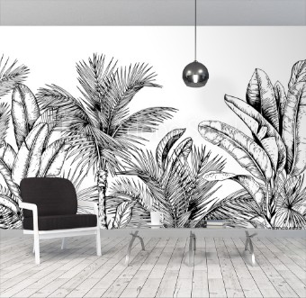 Afbeeldingen van Tropical card with palm trees and banana leaves Black and white Hand drawn vector illustration
